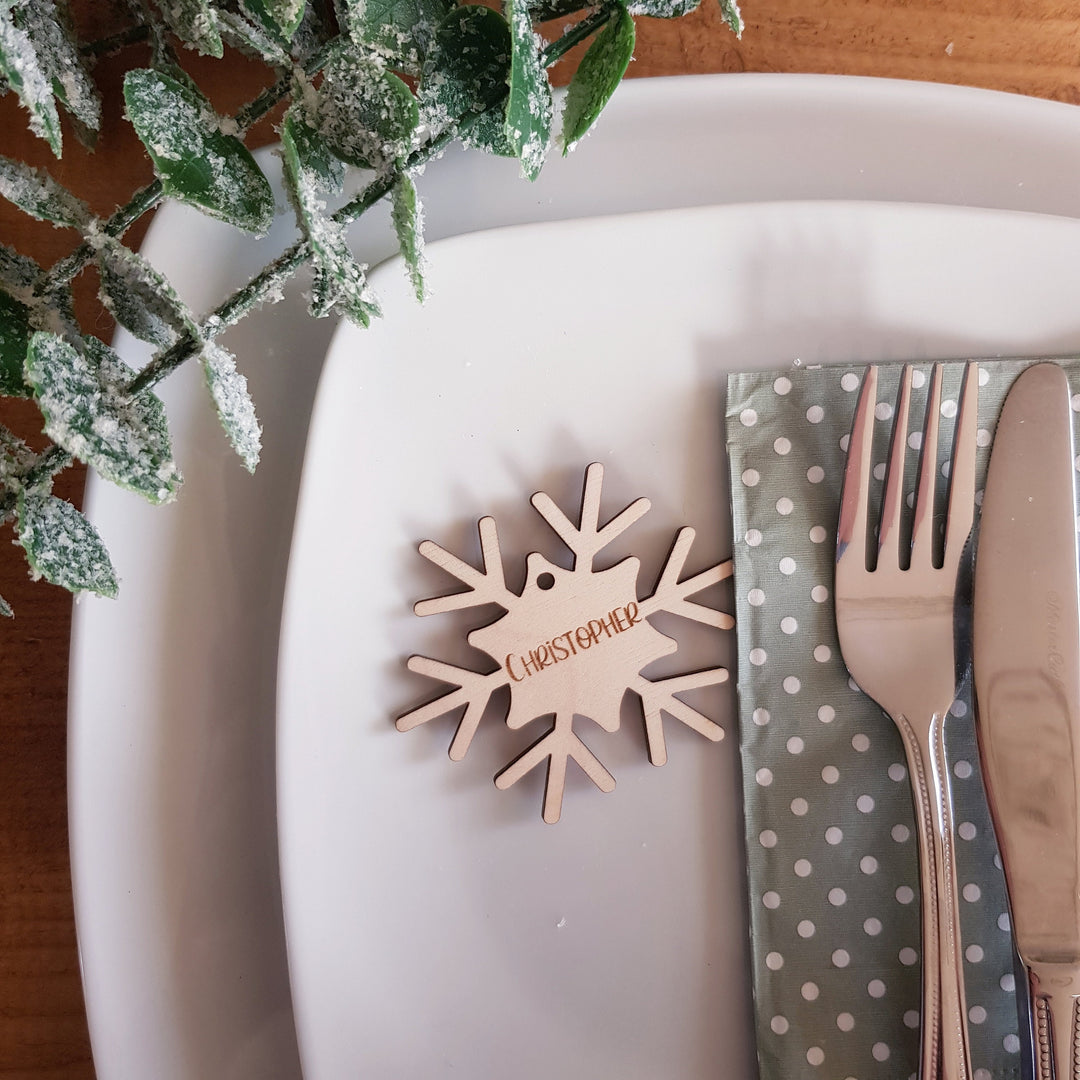 Personalised Rustic Wood Name Place Settings - Charming Christmas Table Decor for Winter Weddings  Family Gatherings