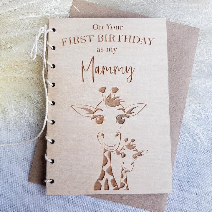 Personalised Giraffe Birthday Card: Rustic Wooden Keepsake for Mom