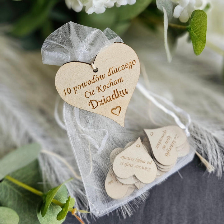 10 reasons why I love you Grandpa Polish Dzien Babci i Dziadka, Eco wooden gift tokens, engraved hearts gift for Grandmother and Grandfather