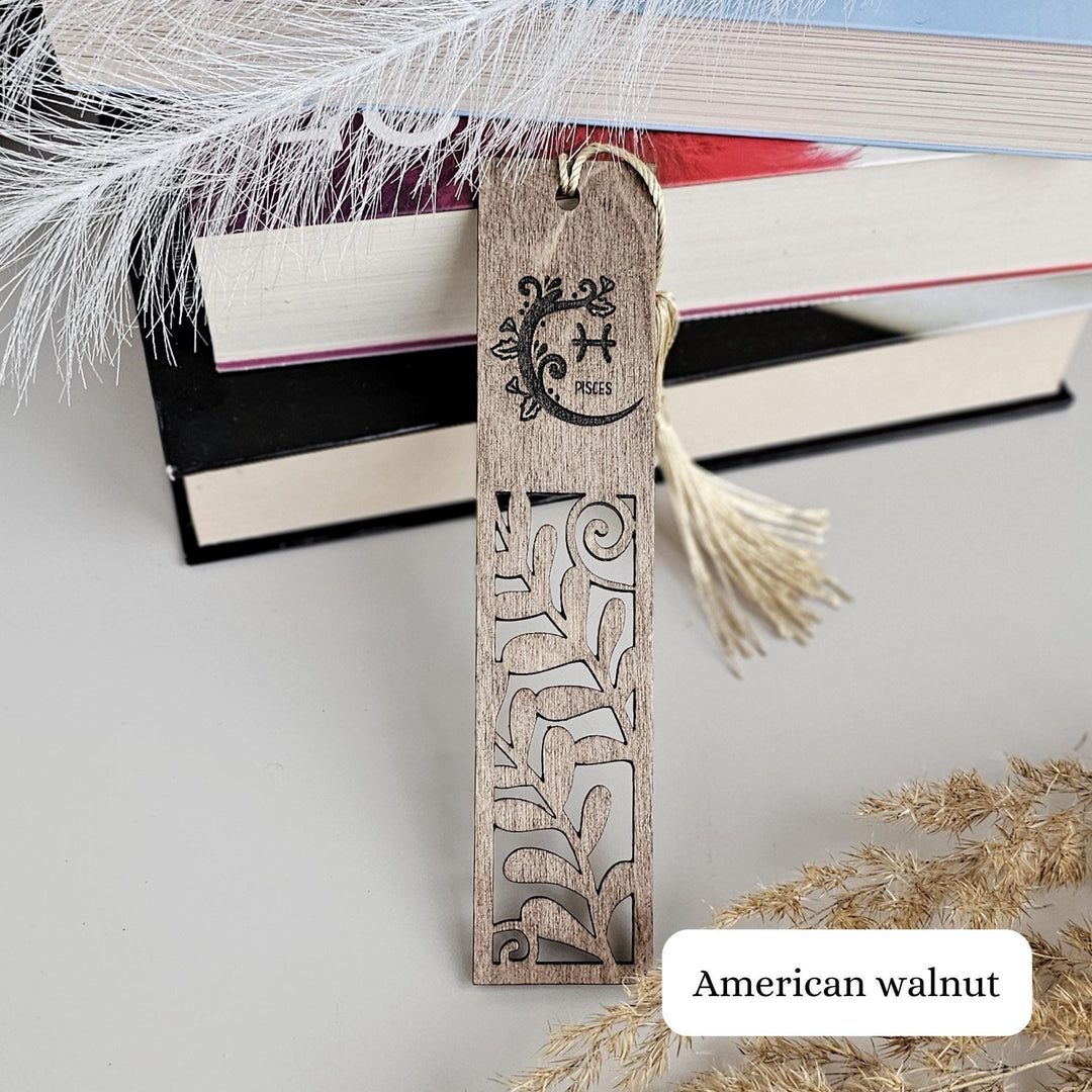 Engraved Zodiac Wooden Bookmark - Botanical Cut-Out Personalised Gift