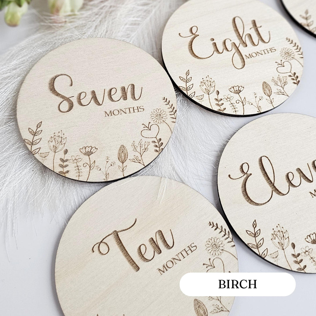 Baby Milestone Cards – Personalised Wooden Month Discs | Floral Baby Memory Keepsakes