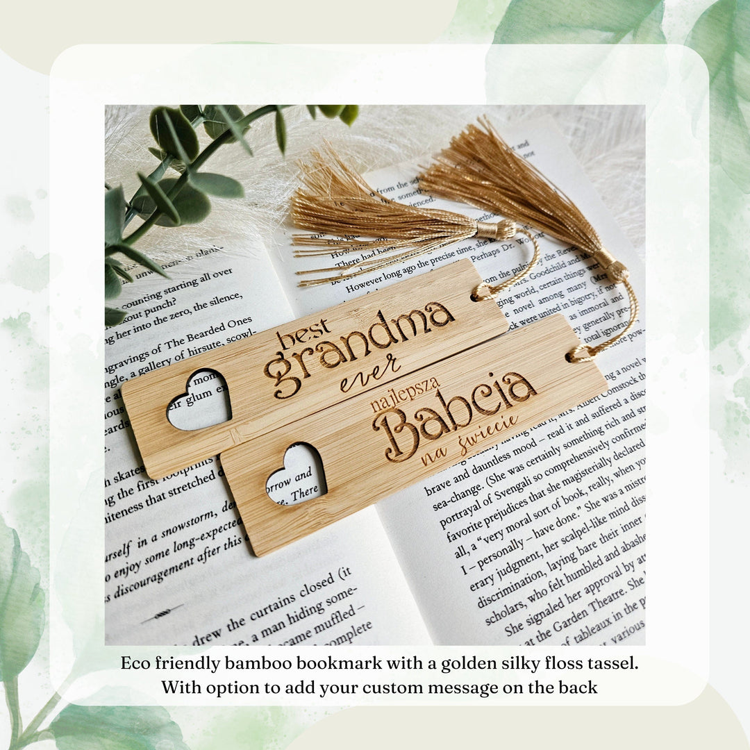 Eco friendly bamboo bookmark with a silky tassel, with personalised option, size 3cm x 12cm/25cm, Dzien babci, Grandmother gift, Mothers Day