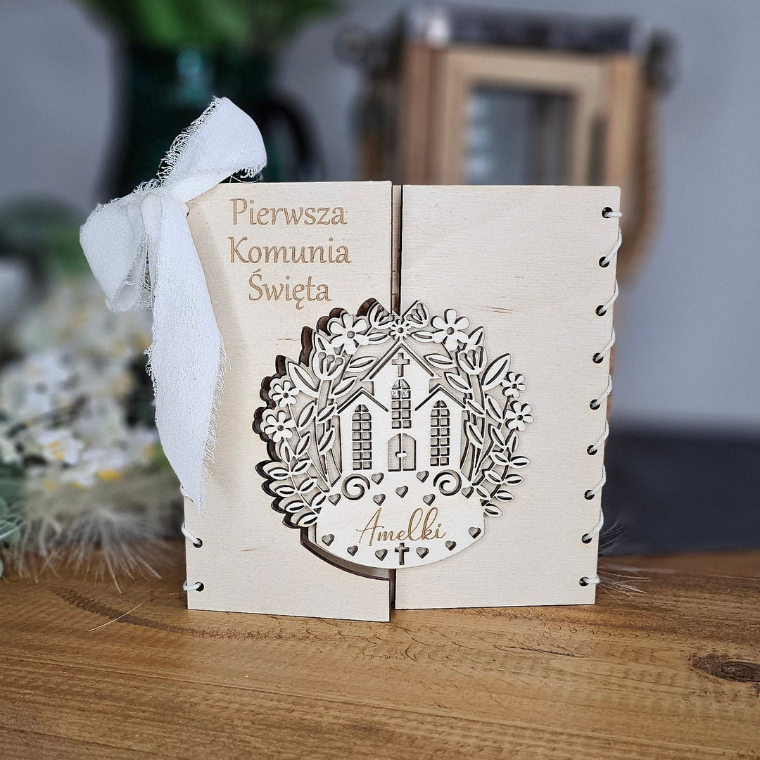 Personalised First Holy Communion Card Church Design, Rustic Wooden Keepsake, Custom message gift card