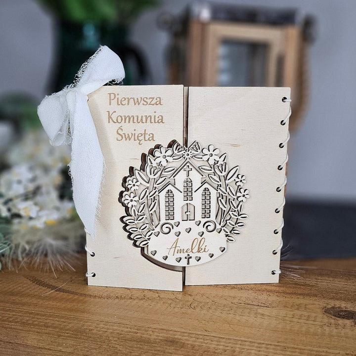 Personalised First Holy Communion Card Church Design, Rustic Wooden Keepsake, Custom message gift card