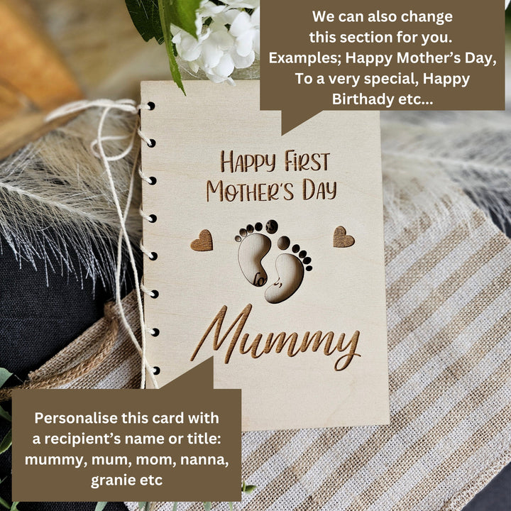 Personalised Wooden Card Happy First Mother's Day Mummy with Baby Feet cutout, Eco Friendly Gift, Mum, Mom, Grandmother, Nan, Nanny, Granny