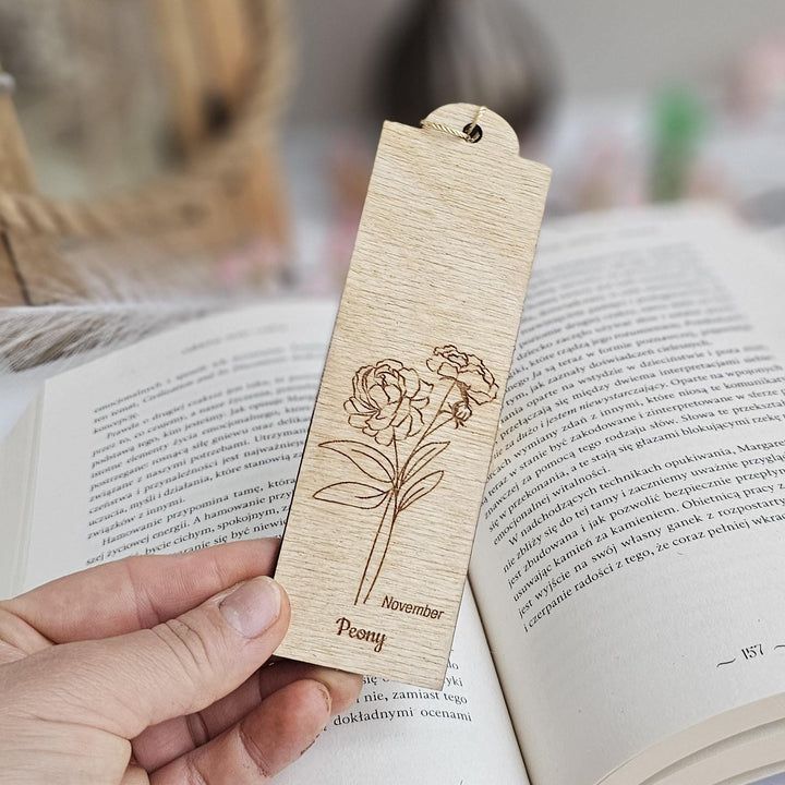 Birth Flower Bookmark November Peony - Personalised Wooden Gift for Book Lovers