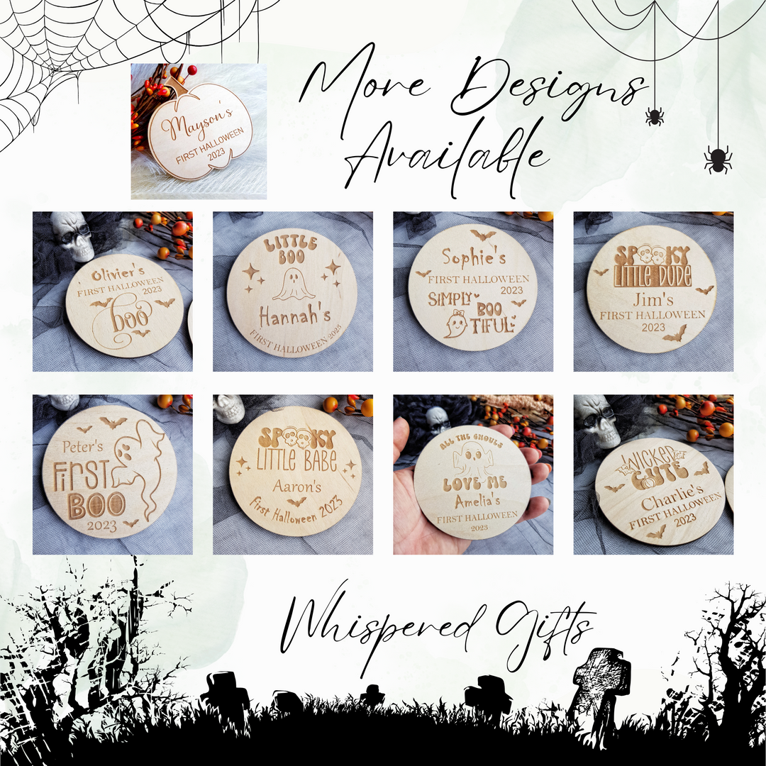 The image is a collage of various wooden designs, including personalized items such as first names and names, as well as Halloween-themed items like bats and skulls. The collage is titled "More Designs Available" and "Whipped Gifts", suggesting that there are additional designs available for purchase or use.