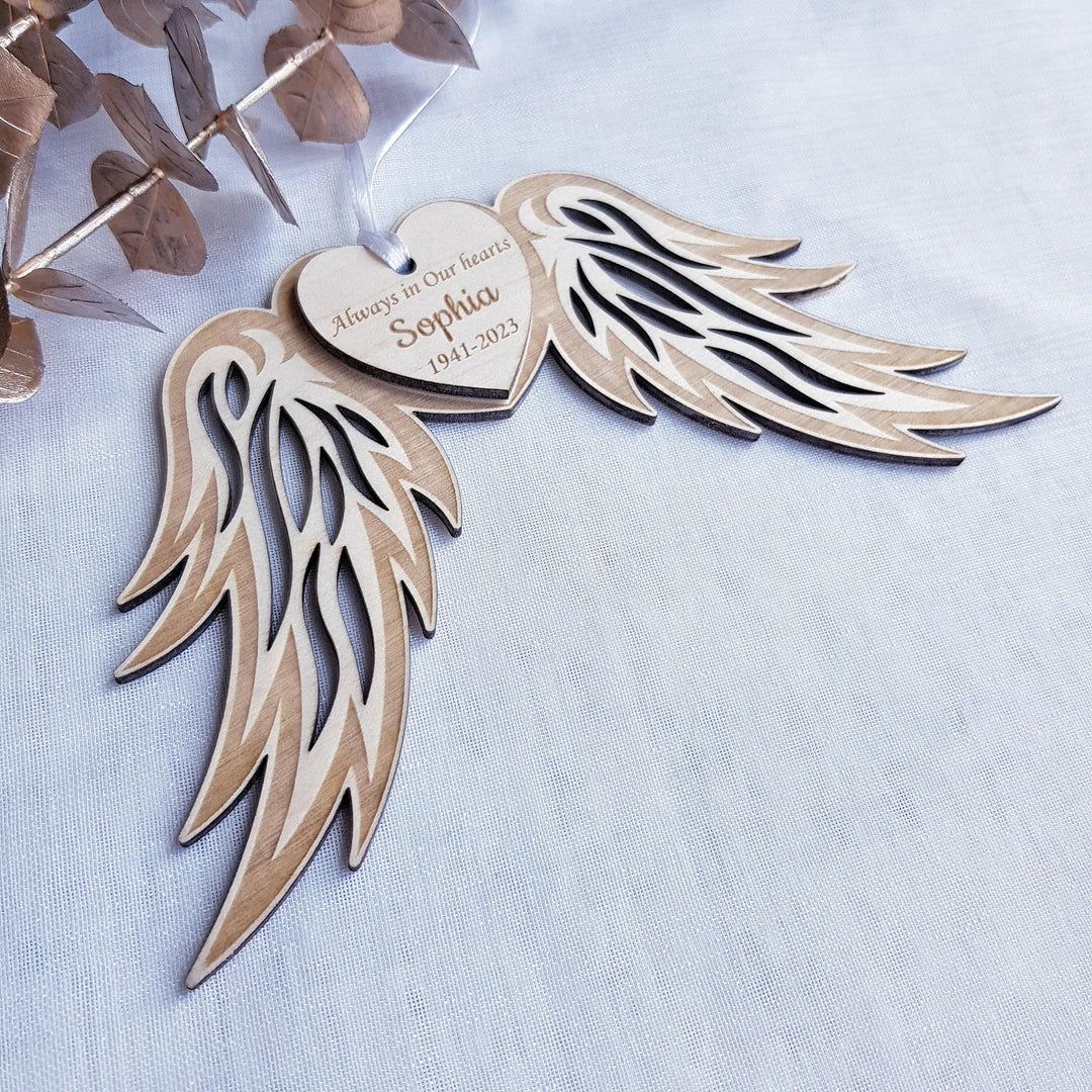 Personalised Memorial Angel Wings Bauble - Custom Wooden Christmas Decoration