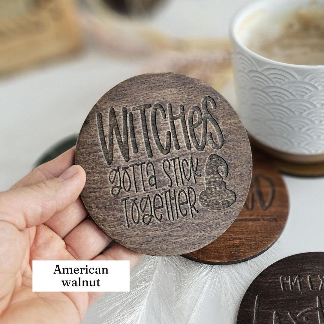 Witchy Halloween Coasters - Wooden Spooky Table Decor - Handmade Housewarming Gift Idea - Set of 4