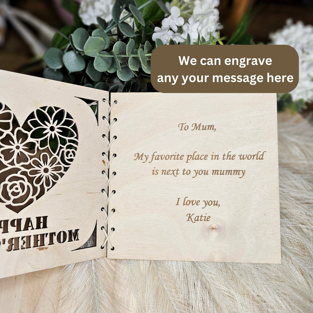 Personalised Mother's Day Wooden Card with Romantic Floral Heart- Perfect Gift for Mom, Mum, Stepmother, Grandmother, Nanny, Grandma, Granny