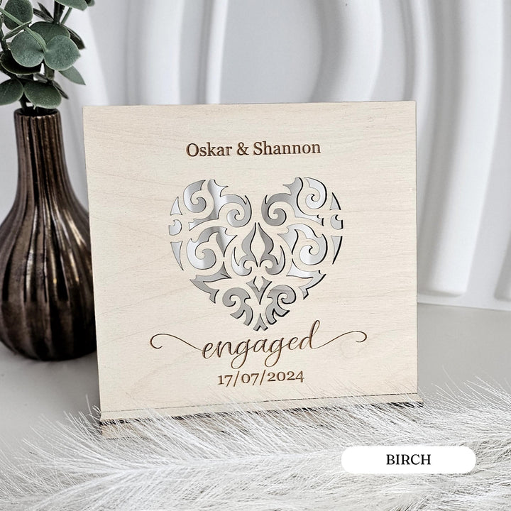 Personalised Engagement Heart Wooden Card - Freestanding Keepsake | Wedding, Anniversary, Valentine’s Day Gift