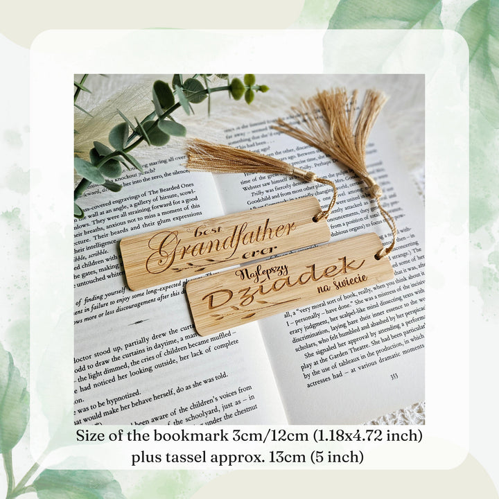 Bamboo wood bookmark with a silky tassel, with personalised option, size 3cmx12cm/25cm, Dzien Dziadka, Grandfather gift, Fathers Day