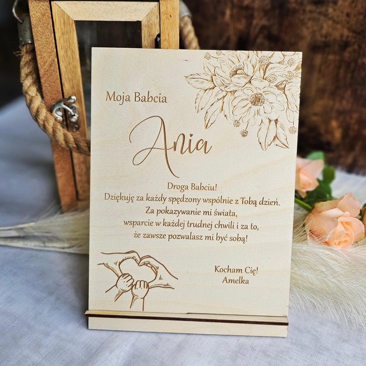 Polish Dzien Babci i Dziadka Wooden Sign Keepsake with Personalised Wishes and Romantic Floral and Holding Hands Touch, Grandparents Gift