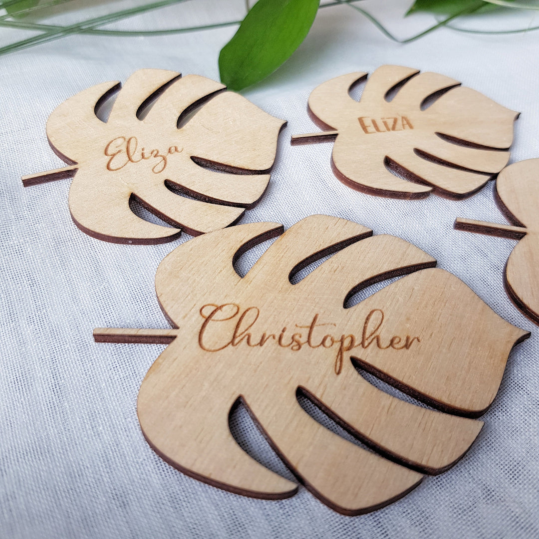 Wooden Monstera Leaf Name Place Setting - Rustic Table Cards for Weddings, Family Gatherings, Parties, Thanksgiving Dinner and Events