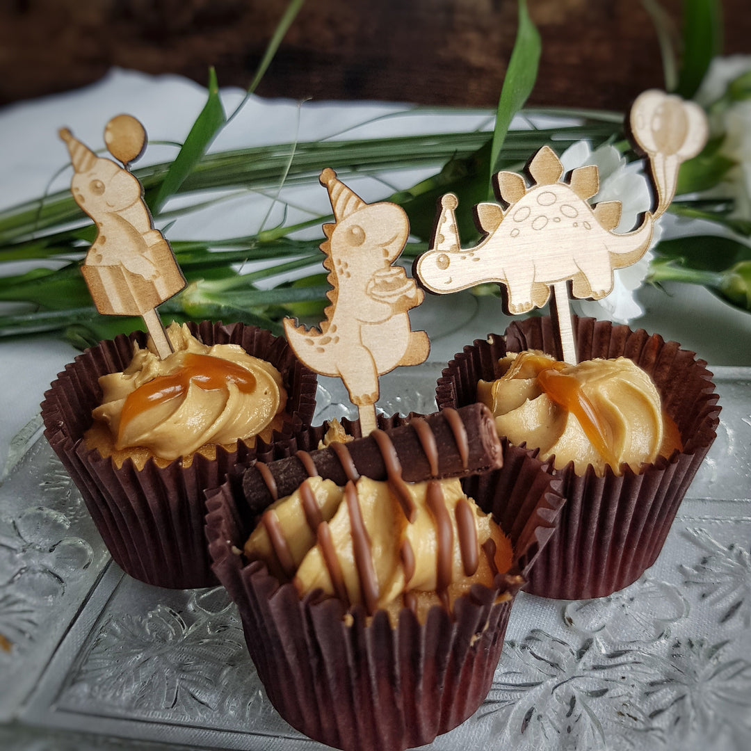 Dinosaurs Cupcake Toppers - Wooden Cake Decorations - Set of 6 or 12