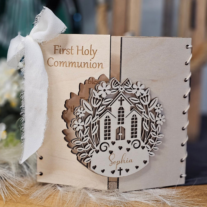 First Holy Communion Card Church Design, Personalised Rustic Wooden Keepsake, Custom message gift, Pierwsza Komunia Swieta