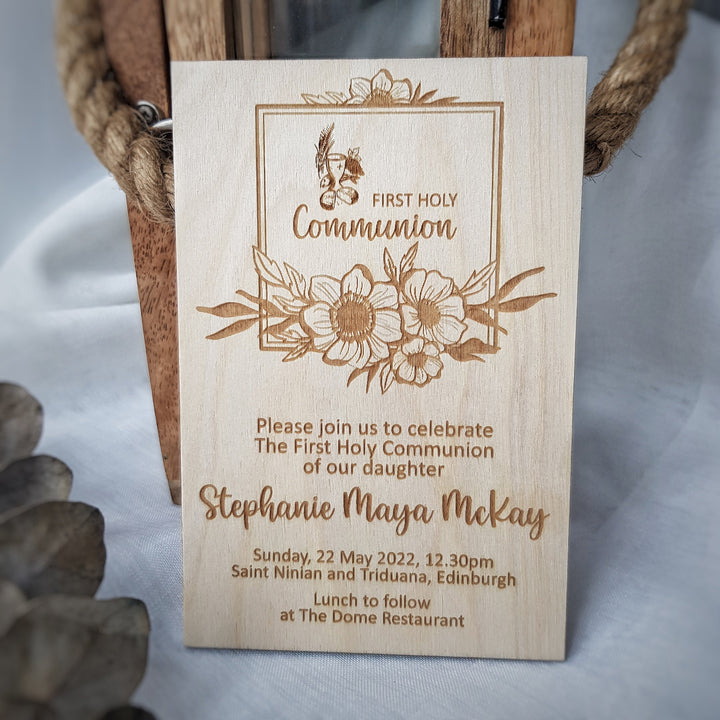 Wooden First Holy Communion Invitation – Personalised Engraved Floral Keepsake Card