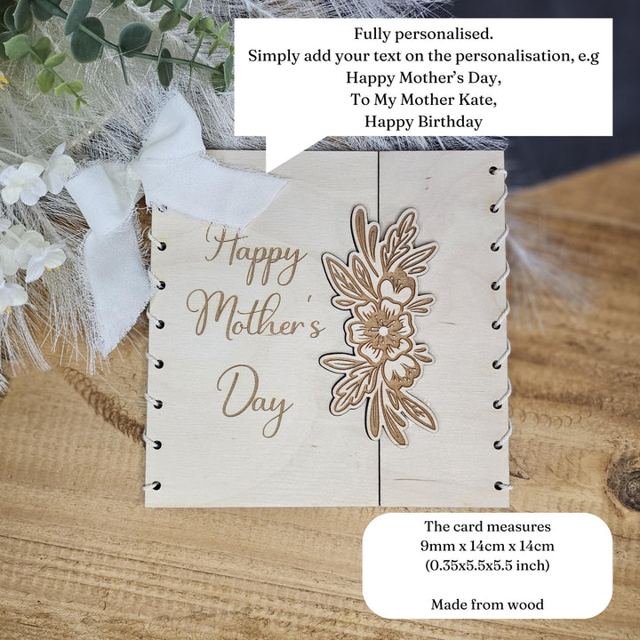 Personalised Wooden Card Mother's Day - Rustic Floral Keepsake Gift for Mom, Mum, Grandmother, Grandma, Auntie, Friend