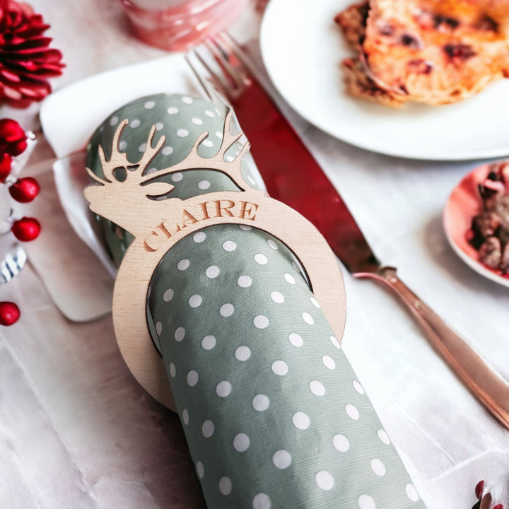 Personalised Rustic Deer Wooden Napkin Ring - Christmas Dinner Table Decoration