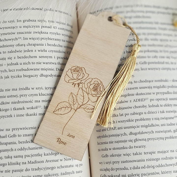 Birth Flower Bookmark June Rose - Personalised Wooden Gift for Book Lovers