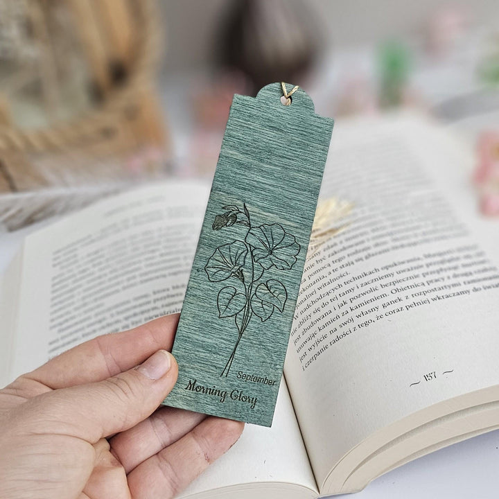 Birth Flower Bookmark September Morning Glory - Personalised Wooden Gift for Book Lovers