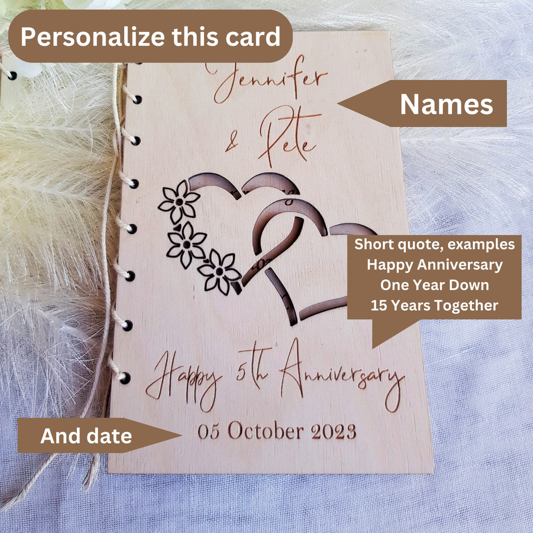 Personalised Wooden Anniversary Card, Rustic Keepsake, Customizable Gift, Couple Gift Handmade Card