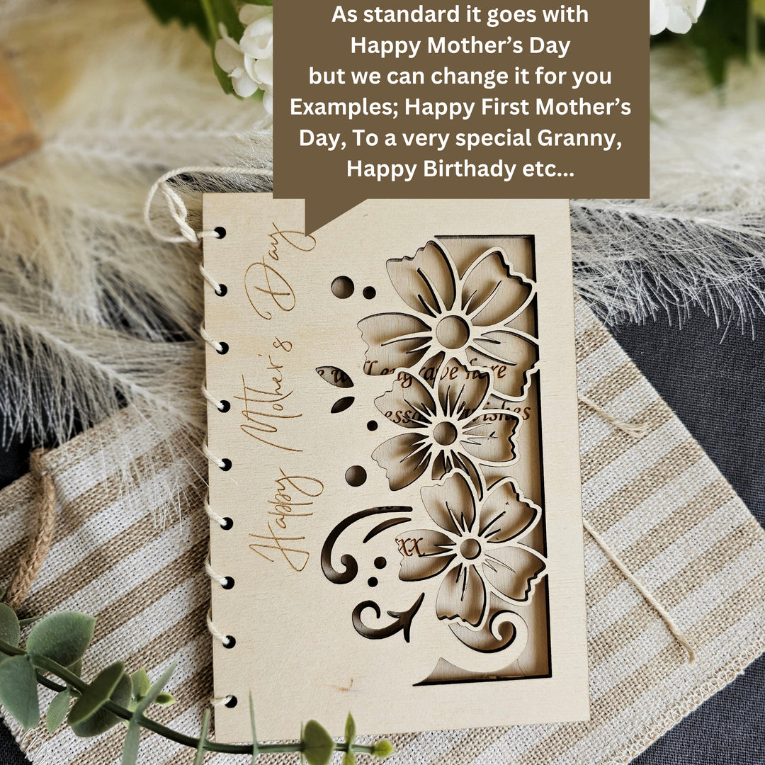 Personalised Wooden Card Happy Mother's Day Boho Flowers cutout, Eco Friendly Birthday Gift, Mum, Mom, Grandmother, Nan, Nanny, Granny