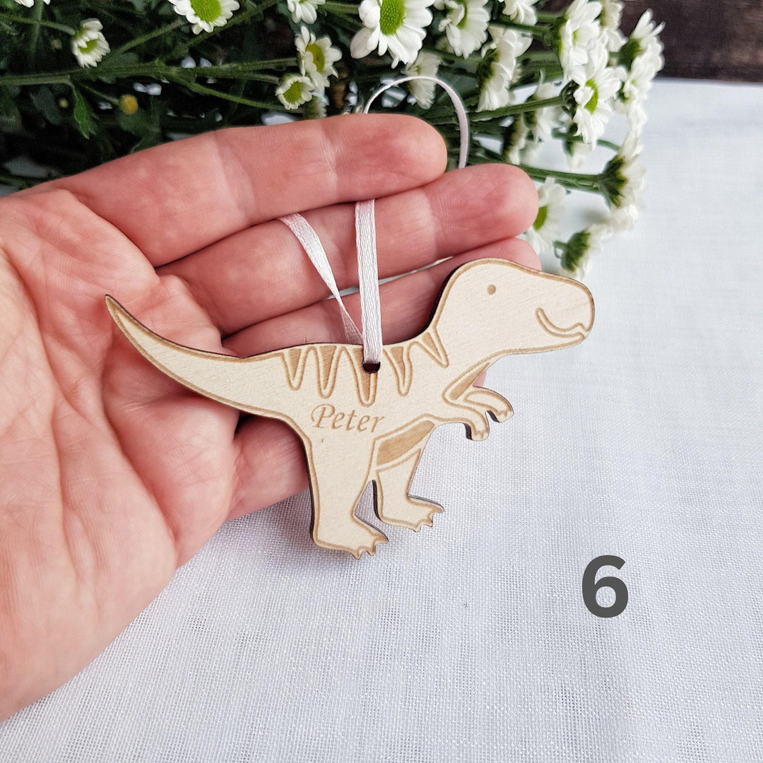 Personalised Dinosaur Wooden Keyring - Engraved Backpack Charm  Christmas Decoration