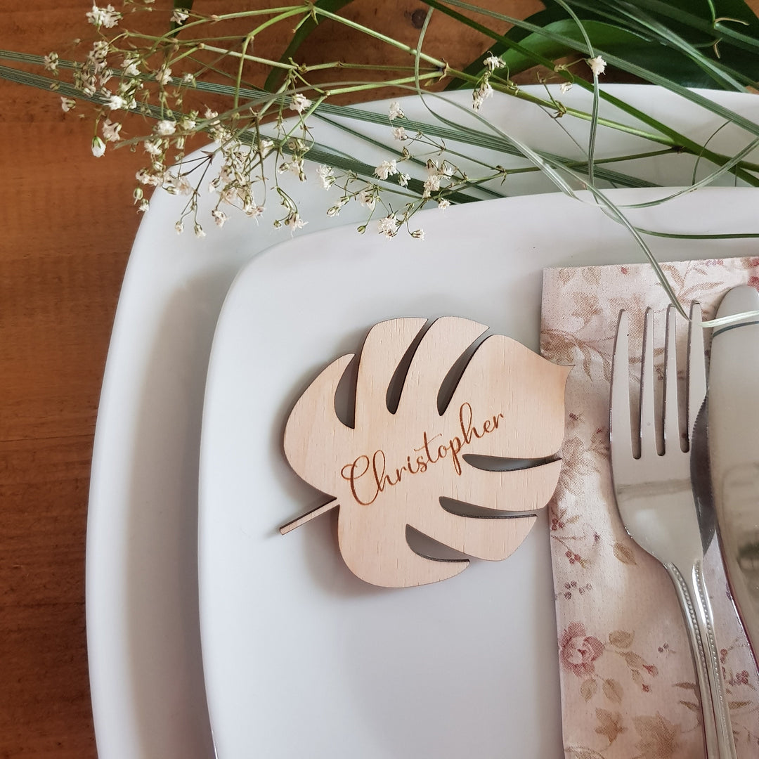 Wooden Monstera Leaf Name Place Setting - Rustic Table Cards for Weddings, Family Gatherings, Parties, Thanksgiving Dinner and Events