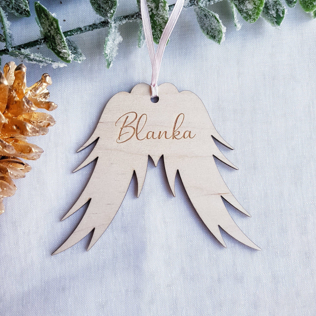 Personalized Angel Wings Christmas Ornament - Wooden Memorial Bauble
