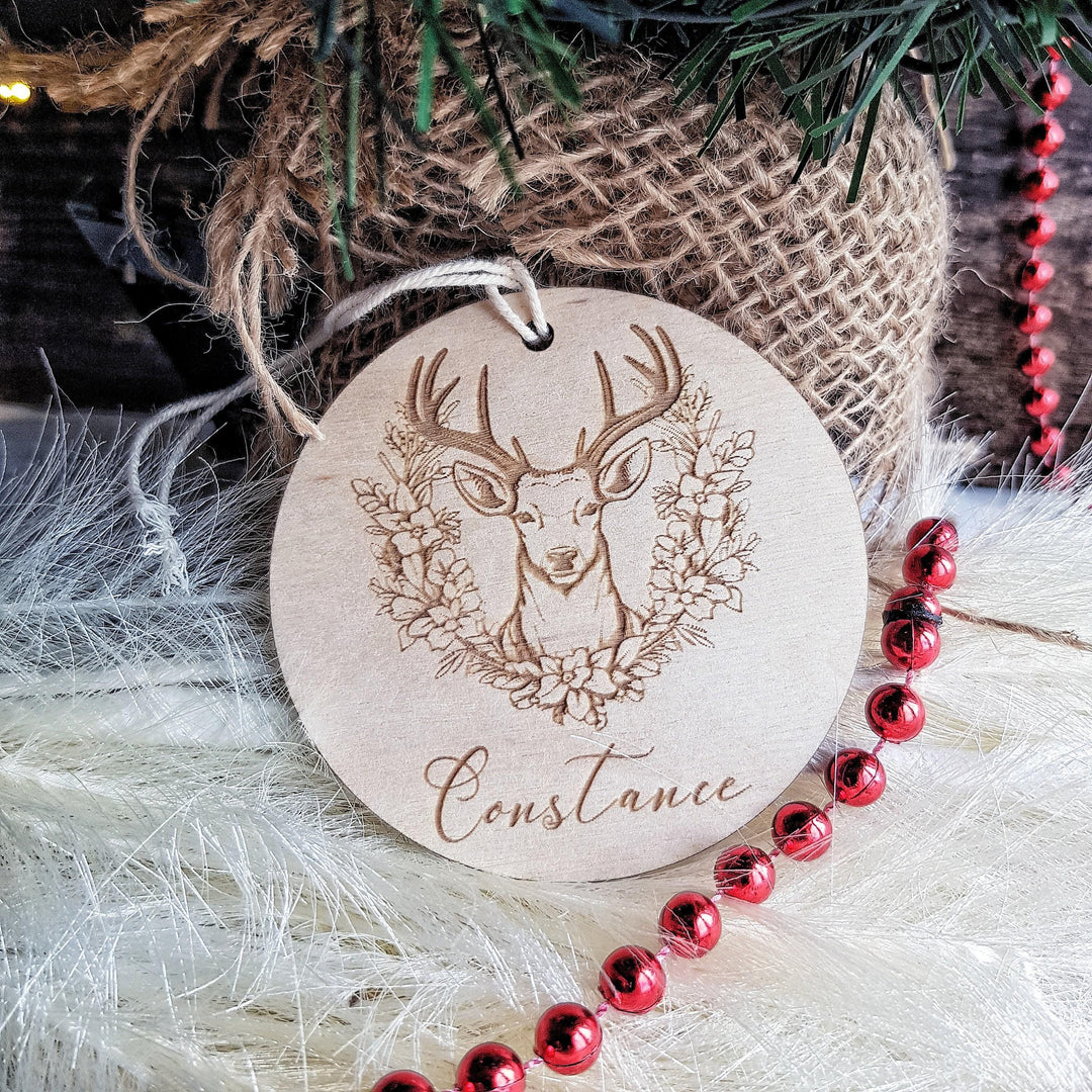Custom Floral Wreath Deer Wooden Christmas Ornament - Personalized Festive Decoration