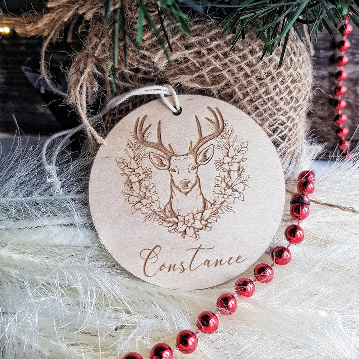 Custom Floral Wreath Deer Wooden Christmas Ornament - Personalized Festive Decoration