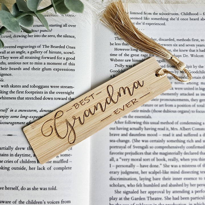 Grandmother Bookmark – Personalised Wooden Bamboo Gift with Golden Silky Tassel