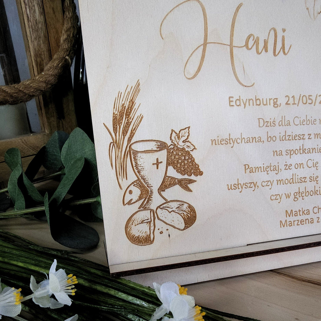 Personalised Gift First Holy Communion, Customisable Rustic Wooden Keepsake - Pamiatka Pierwszej Komunii Swietej