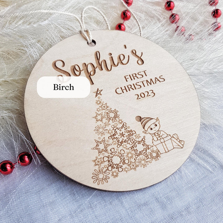 Personalised Babys First Christmas Bauble - Round Wooden Gnome Ornament Rustic Custom Keepsake