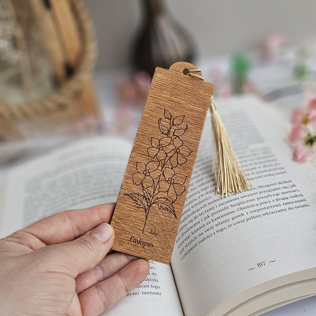 Birth Flower Bookmark July Larkspur - Personalised Wooden Gift for Book Lovers