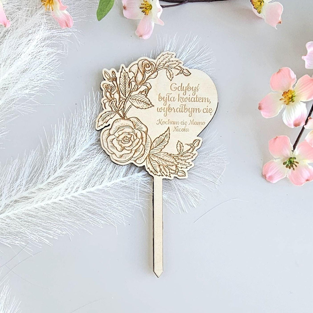 Personalised Plant Gift Tag – Rose Heart Wooden Stake for Birthday & Mother's Day