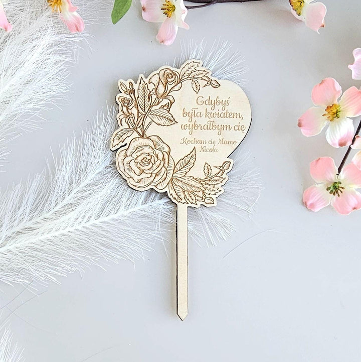 Personalised Plant Gift Tag – Rose Heart Wooden Stake for Birthday & Mother's Day