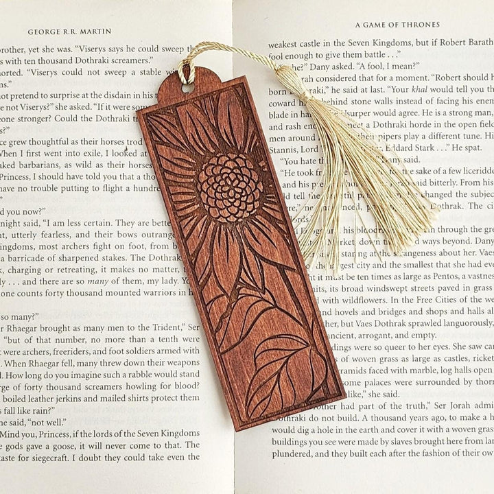 Wooden Sunflower Bookmark - Personalised Laser Engraved Reading Gift With Tassel