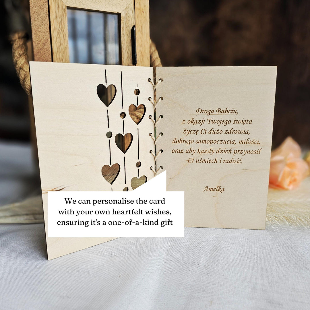 Personalised Rustic Wooden Folding Card Keepsake for Polish Grandmother's Day - Kartka Prezent na Dzien Babci i Dziadka