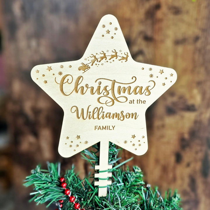 Personalised Wooden Star Christmas Tree Topper - Custom Holiday Ornament