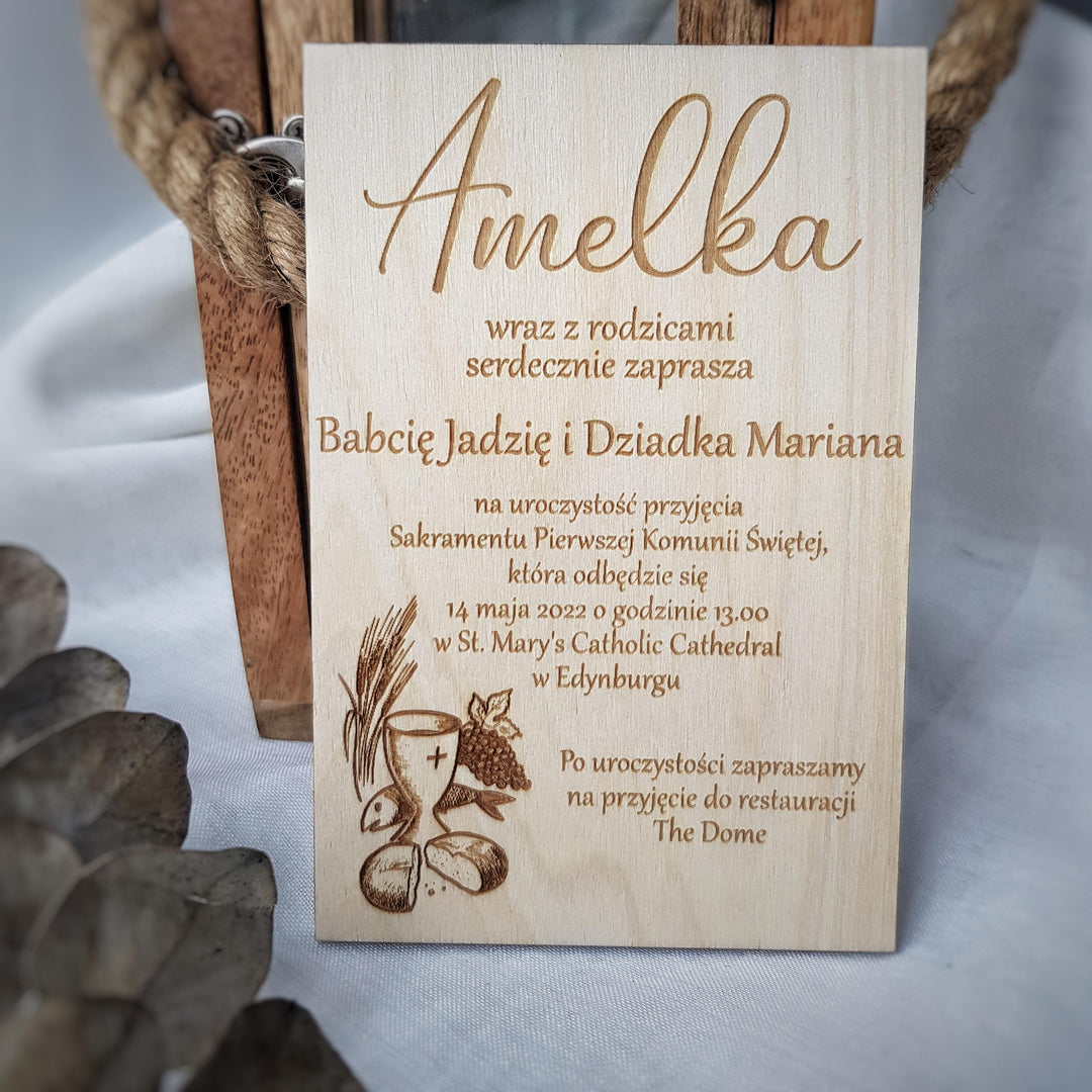 Personalised First Holy Communion Wooden Invitation -Rustic Holy Communion Chalice - Zaproszenie na Komunie