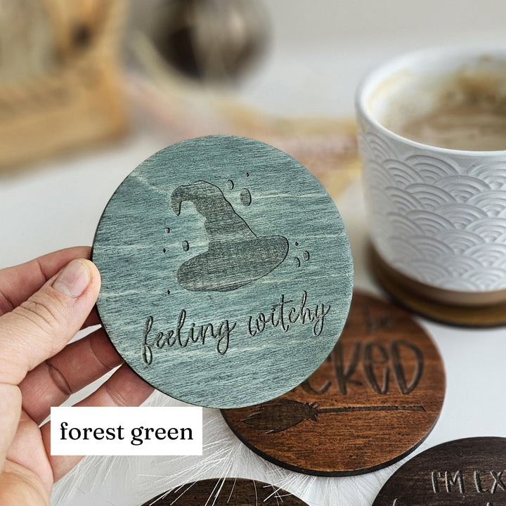 Witchy Halloween Coasters - Wooden Spooky Table Decor - Handmade Housewarming Gift Idea - Set of 4