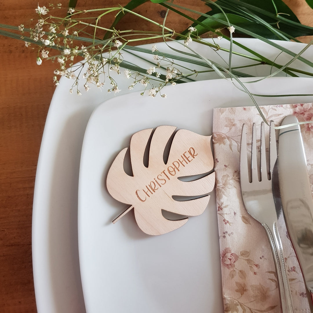 Wooden Monstera Leaf Name Place Setting - Rustic Table Cards for Weddings, Family Gatherings, Parties, Thanksgiving Dinner and Events