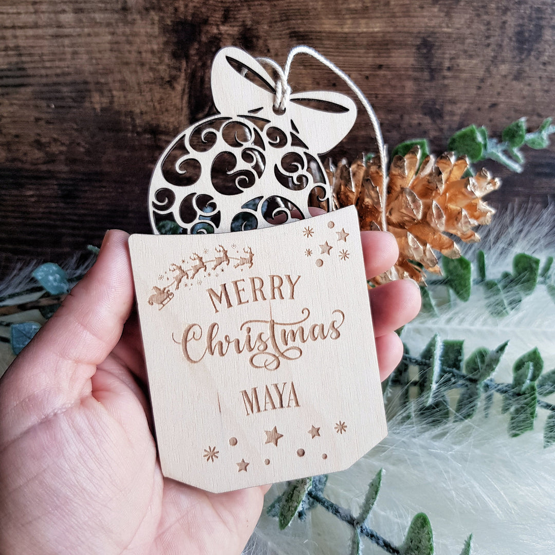 Personalised Wooden Christmas Bauble - Custom Money Holder Gift