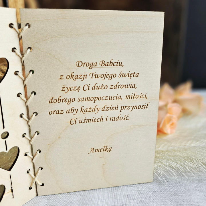 Personalised Rustic Wooden Folding Card Keepsake for Polish Grandmother's Day - Kartka Prezent na Dzien Babci i Dziadka