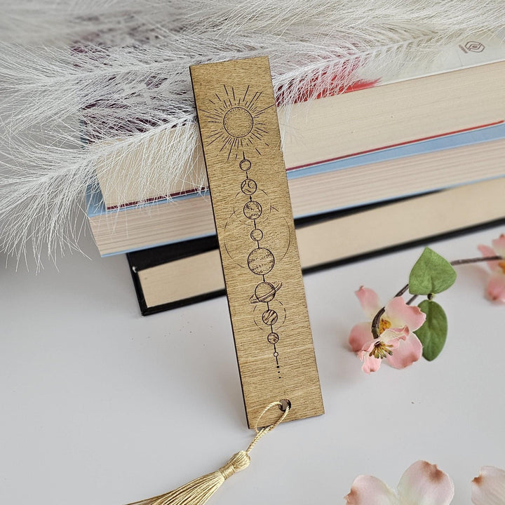 Wooden Solar System Bookmark - Moon  Planets with Mystical Line Art and Customizable Back Message
