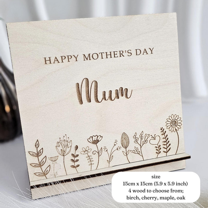 Mother's Day Wooden Card Floral Meadow, Personalised Standing Keepsake