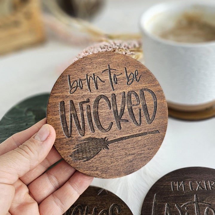 Witchy Halloween Coasters - Wooden Spooky Table Decor - Handmade Housewarming Gift Idea - Born to be wicked