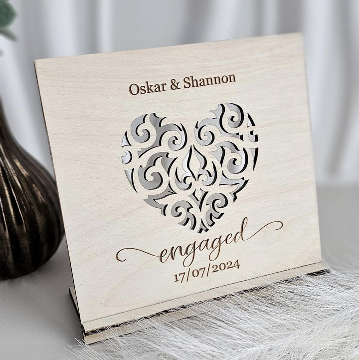 Personalised Engagement Heart Wooden Card - Freestanding Keepsake | Wedding, Anniversary, Valentine’s Day Gift